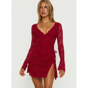 Airabella Long Sleeve Lace Mini Dress Red
