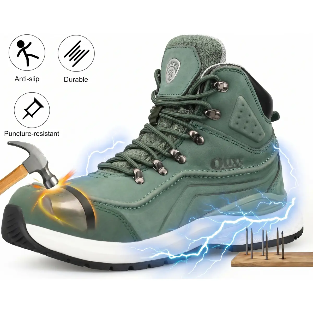 Men's Safety Workboots - ASTM F2413 Composite Round Toe, ESD Waterproof Safety Shoes, Anti-Slip Rubber Outsole, Wedge Design, Lace-Up Closure, Composite Toe