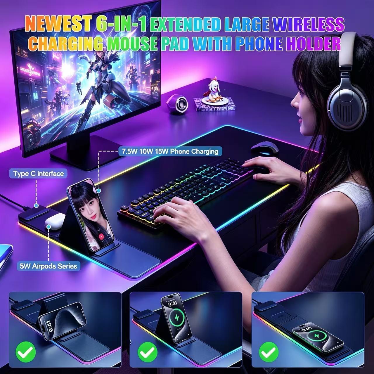 Large LED Desk Mat, RGB Gaming Mouse Pad with Wireless Charging & Phone Stand, Multiple RGB Lighting Modes, Fast Charging for iPhone & AirPods, Non-Slip Base, Smooth Waterproof Surface, Desk Decor for Gamers, Home & Office Essentials