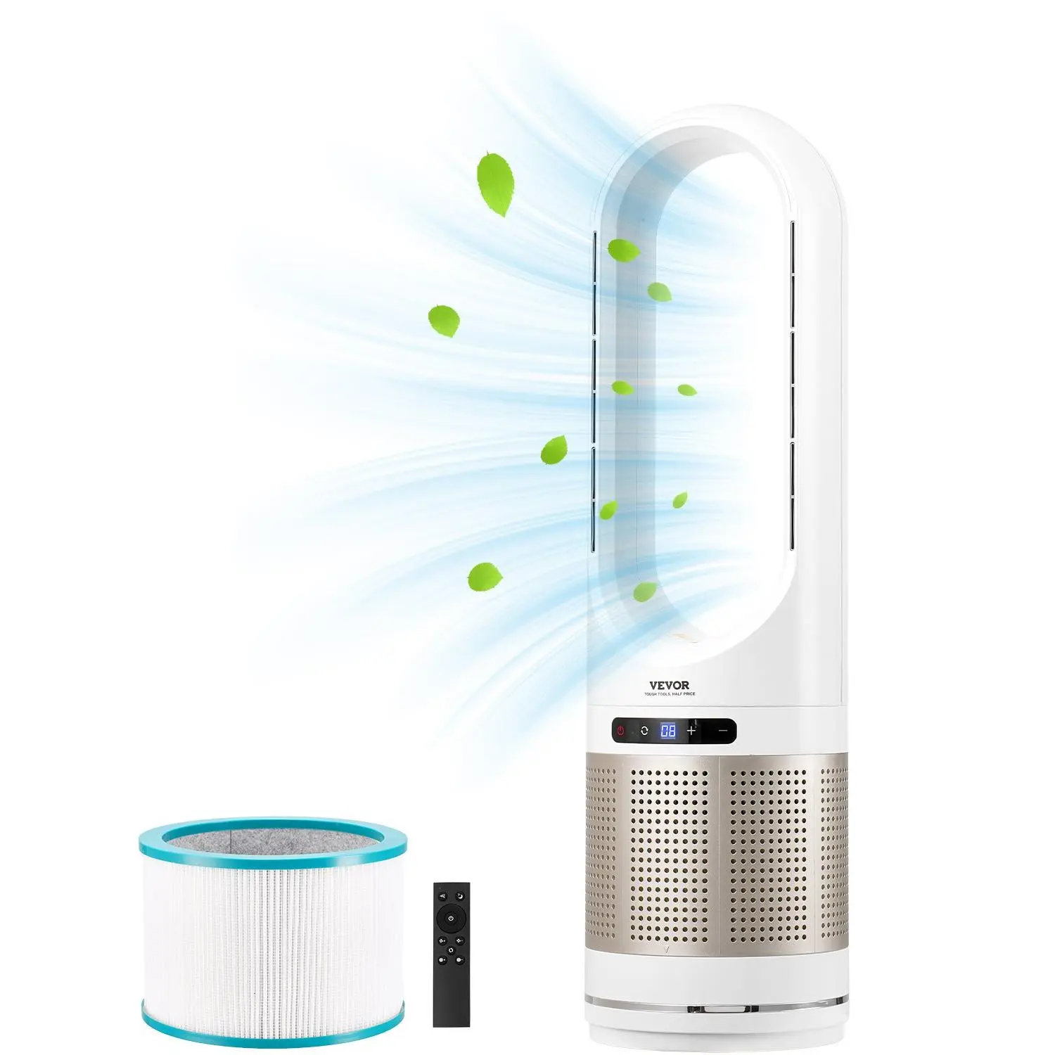 【Summerfinds】VEVOR Tower Fan Bladeless, 16.4ft/s Velocity Floor Fan that Blows Cold Air, 80° Oscillating 8-Speed Fans, 8H Timer, Standing Fans with H13 HEPA Filtration, Remote Control & Air Purification Mode