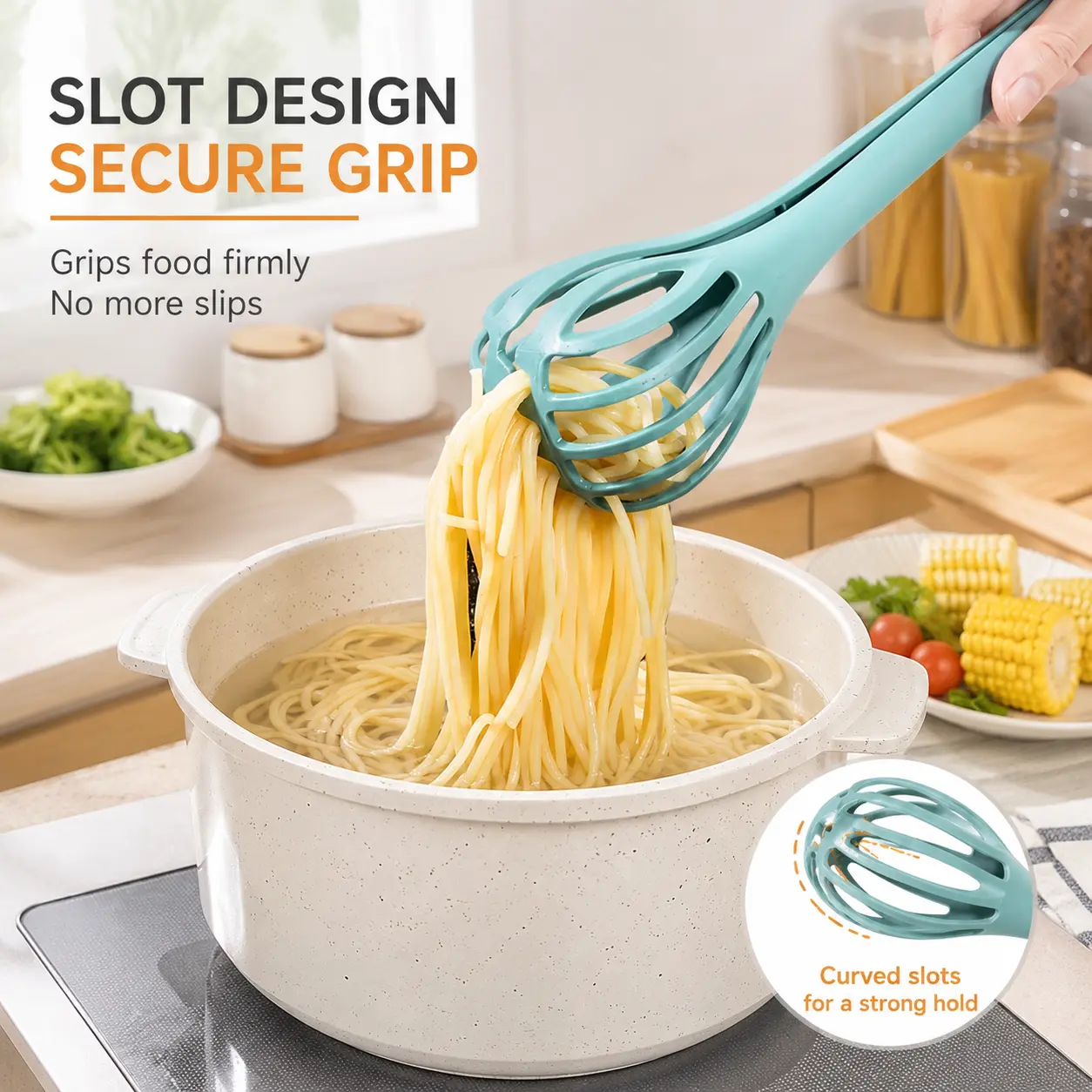 1 Count Multi-function Kitchen Whisk Tongs, hollow out long handle plastic cooking tool for mixing eggs, grabbing noodles and food for daily home kitchen use