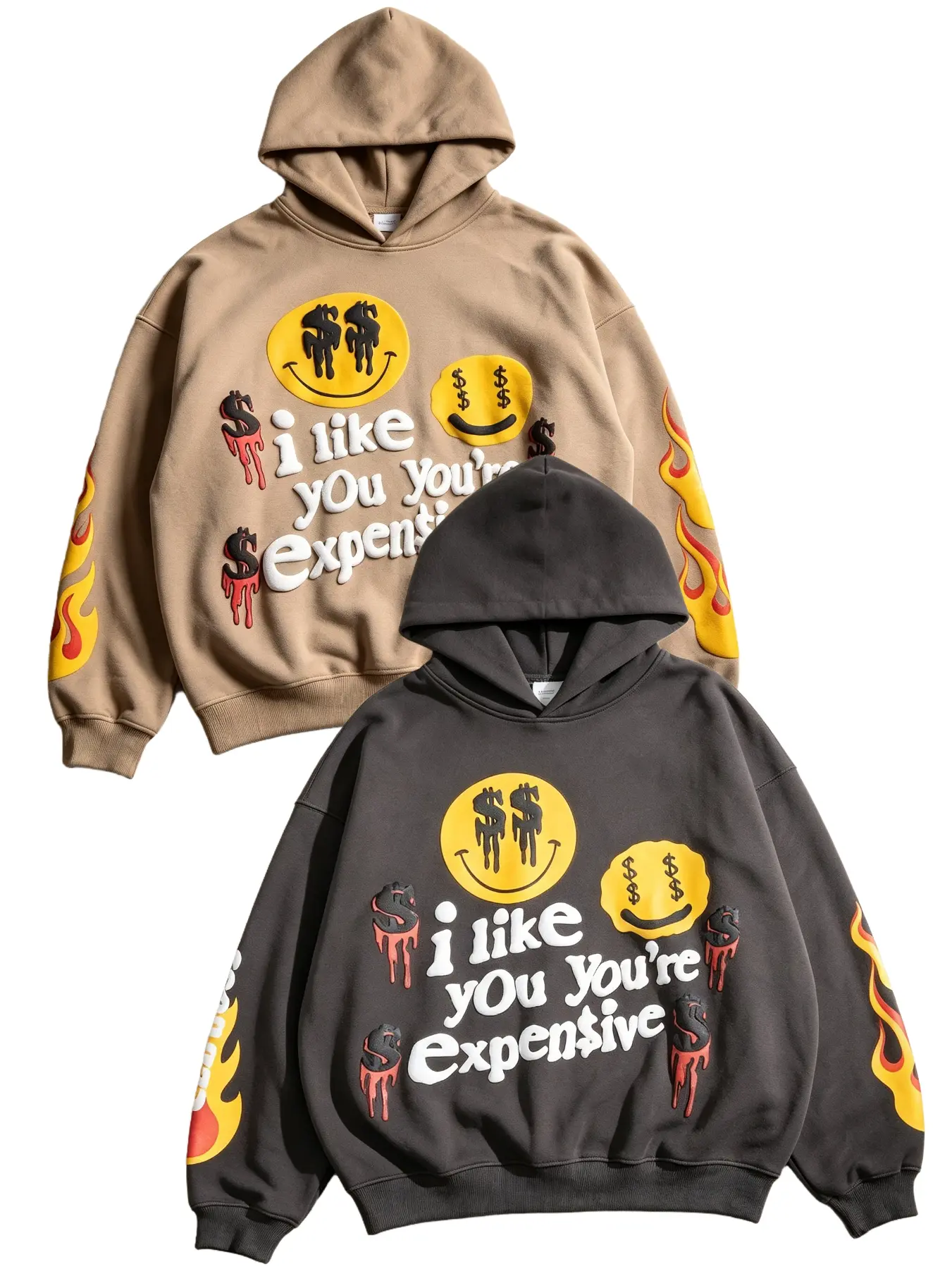 Men Y2K Street Hoodie 3D Foam Dollar Smile Graphic Flame Sleeve I Like You You're Expensive Quote Oversized HoodedSweatshirt Casual Daily Gift Hoodie For Guys Menswear Love