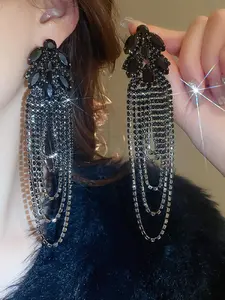 Rhinestone & Artificial Crystal Decorated Chain Tassel Earrings, Fashionable Jewelry for Party, Daily Clothing Decor, Trendy All-match & Exquisite Jewelry for Gift, High Quality Earrings, Shining Earrings, Unique Design Earrings, Earrings For Decorative