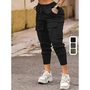 Women's High-Elastic Jogger Cargo Pants with Covered Pockets, Drawstring Waist - Stretchy Outdoor Sports and Casual Wear Banded Bottom Sweatpants