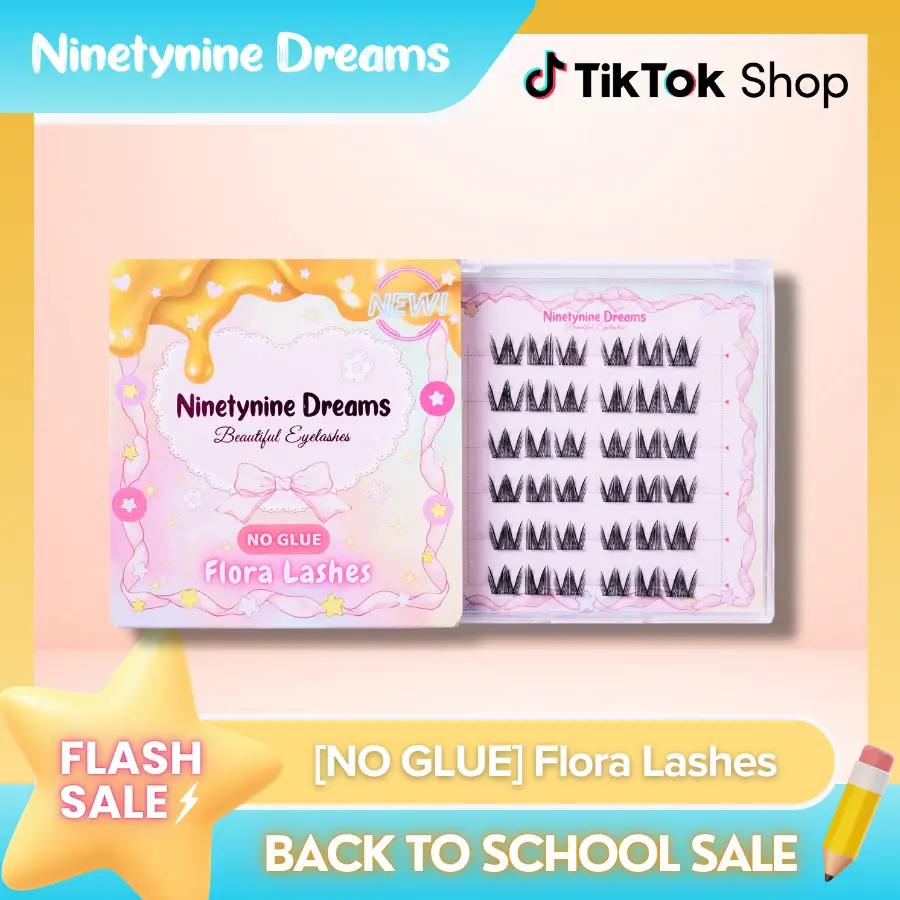 Ninetynine Dreams [NO GLUE] Flora Self-Adhesive Lashes | Press-On No Glue Required False Eyelashes 9–12 mm C+ Curl Spiky Anime Manhua Style, Ultra-Thin Self-Stick Band Reusable Natural DIY Beginner-Friendly Clusters