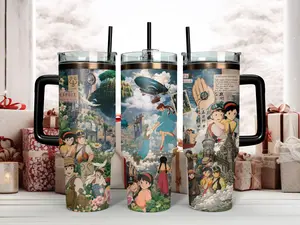 Studio Ghibli Laputa Castle in the Sky Vintage Scrapbook Aesthetic Travel Tumbler Mug - 40oz Stainless Steel Insulated Cup with Vacuum Double Wall, Comfort Handle, Reusable Straw, Cloud Art, Lid