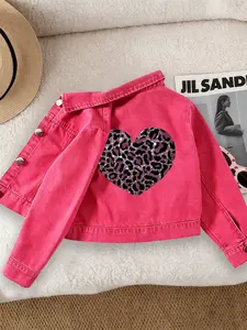 Girls' Casual Fashion Denim Jacket, Leopard Print Heart Pattern, Comfortable Fit, Suitable for School and Dates, Ages 12 and Under