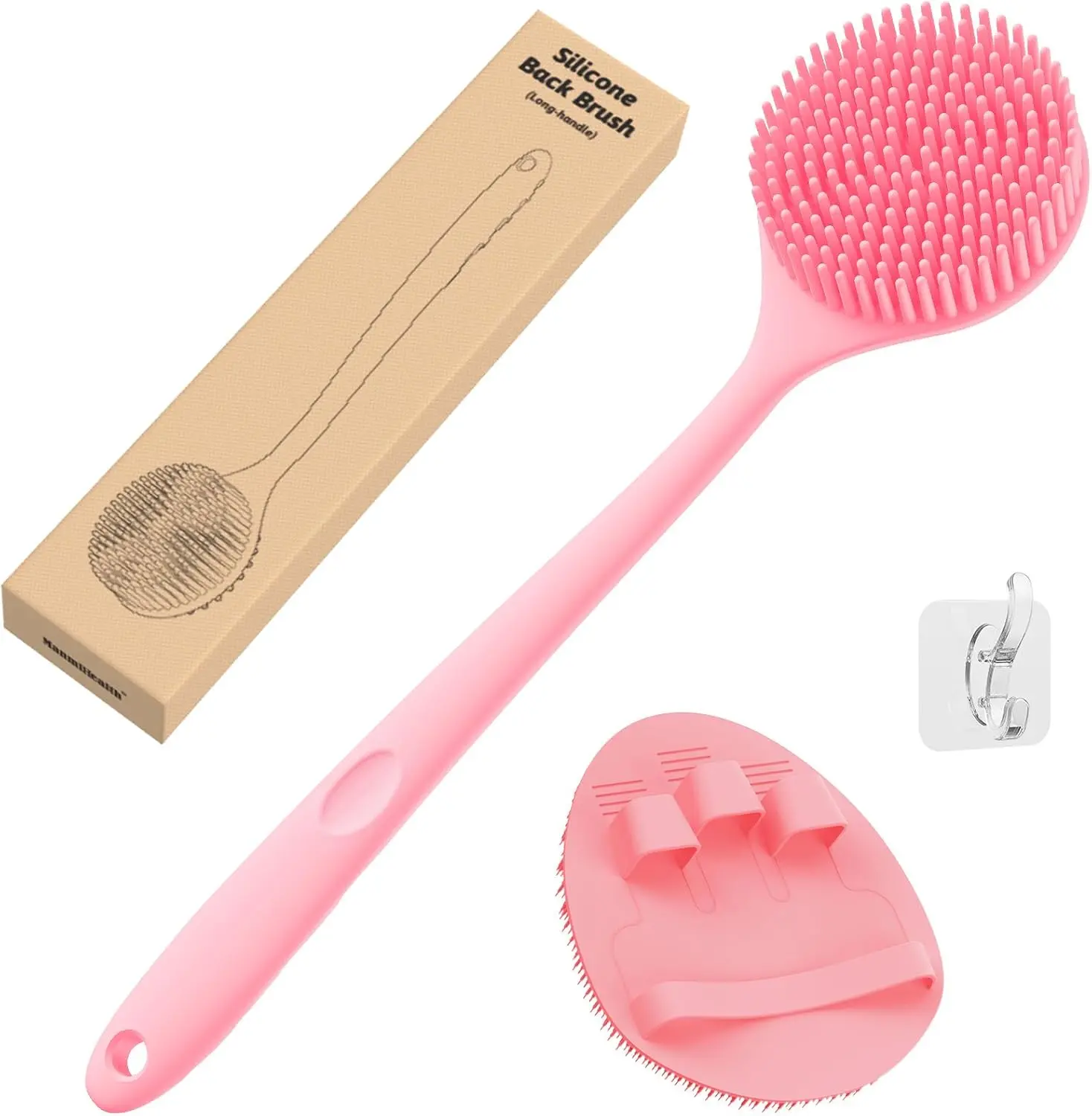 Silicone Back Scrubber(Thick Bristles) & Soft Bath Glove Set, Super-Exfoliating Body Scrubber & Super-Lathering Shower Brush Combination, with a Free Hook.(Pink)