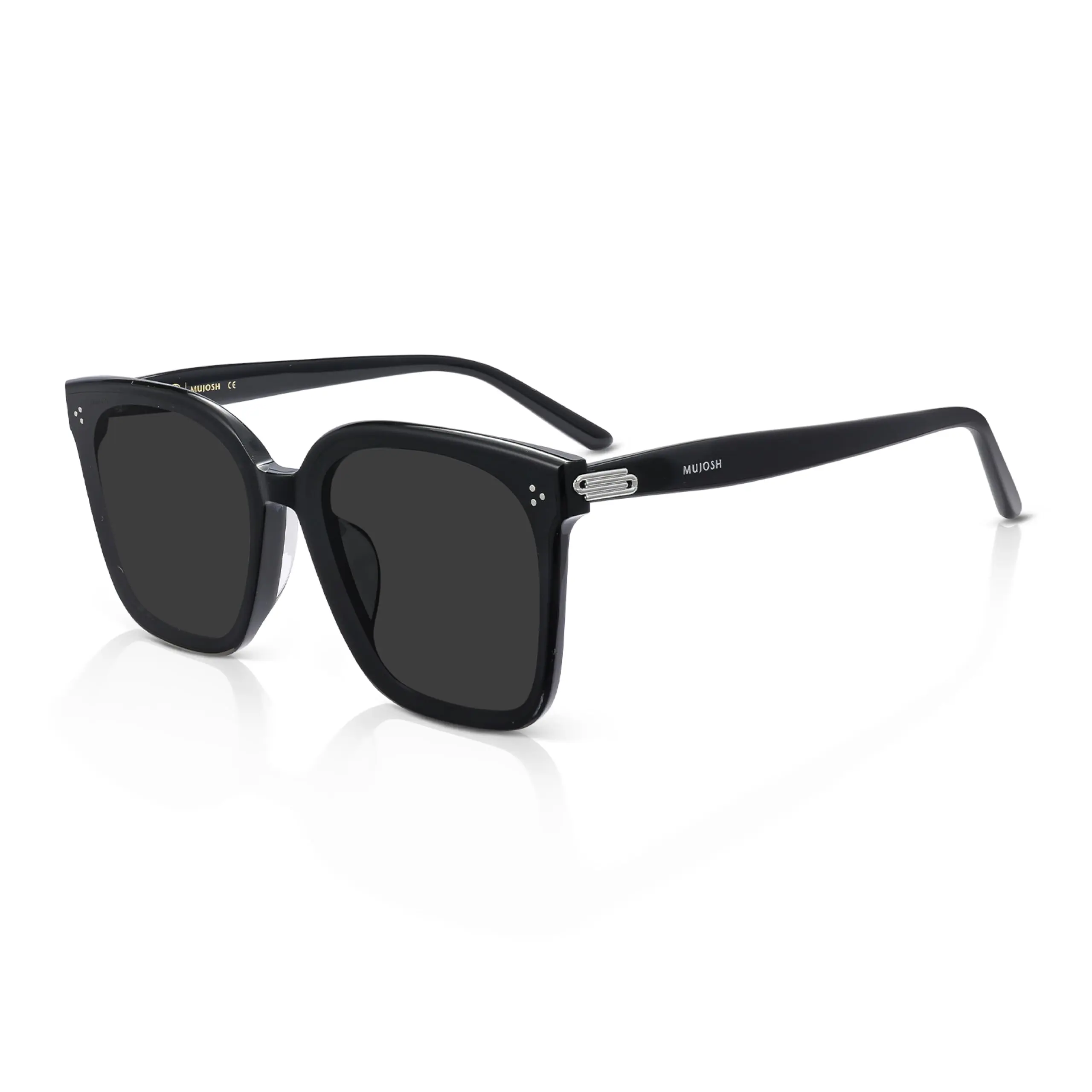 MUJOSH Oversized Square Sunglasses for Women Men, Polarized Flush-Mount Shades with Wraparound Temples, Acetate Anti-Oil UV400 Eyewear for Driving, Travel, Obsidian Black, Brand of EssilorLuxottica