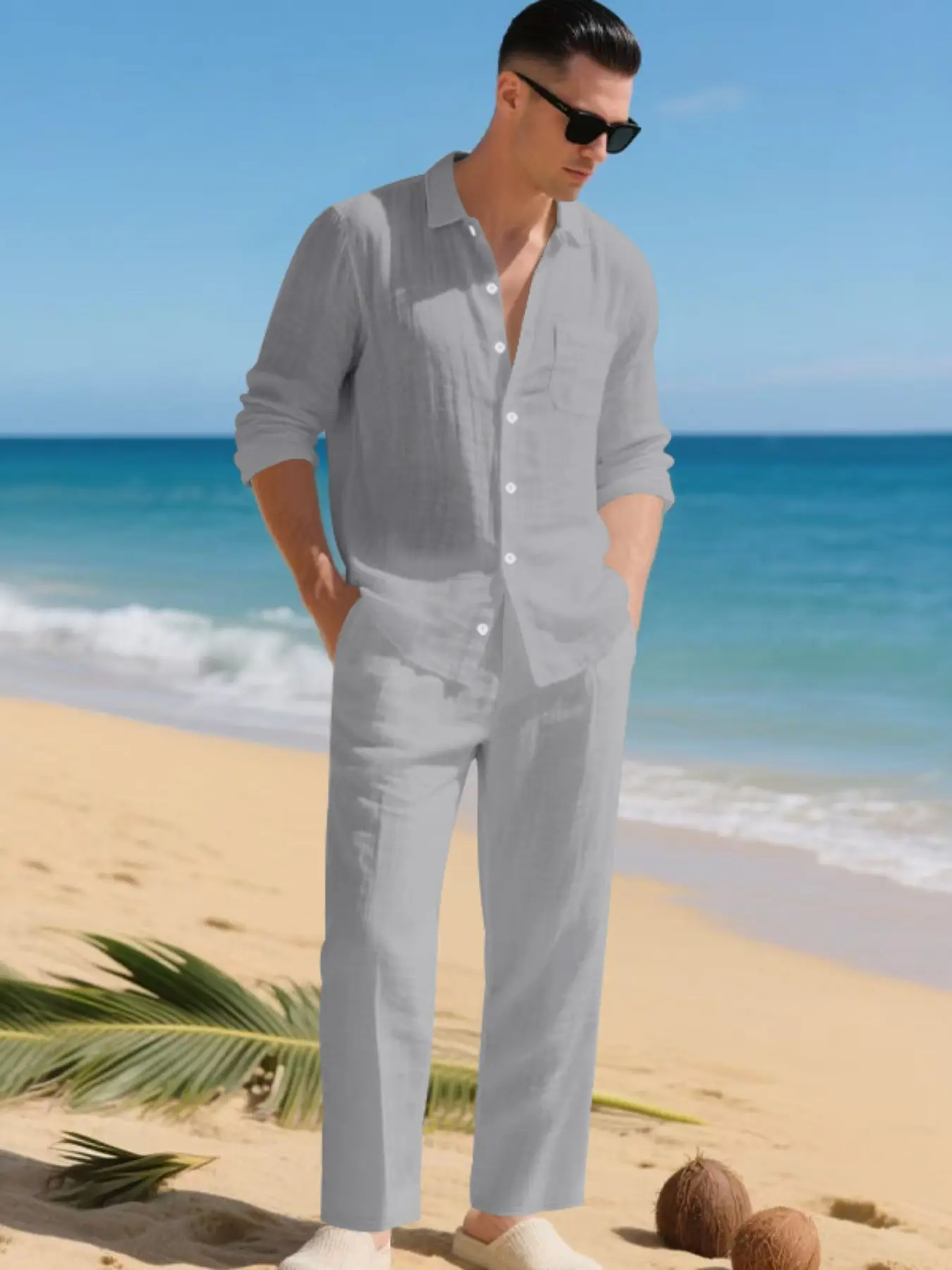 Men's Casual Loose Linen Sport Long Sleeve Shirt Trouser Pants Set Outfit Suits, 2026 Fashionable Comfortable Breathable, Perfect for Daily Wear and Active Lifestyle Clothes, Casual Matching Sets