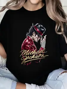 Michael Jackson Diamond Cut Portrait Print T-Shirt, Summer Mj Fan Exclusive Loose Fit Short Sleeve Top, Casual Streetwear All Seasons Wear