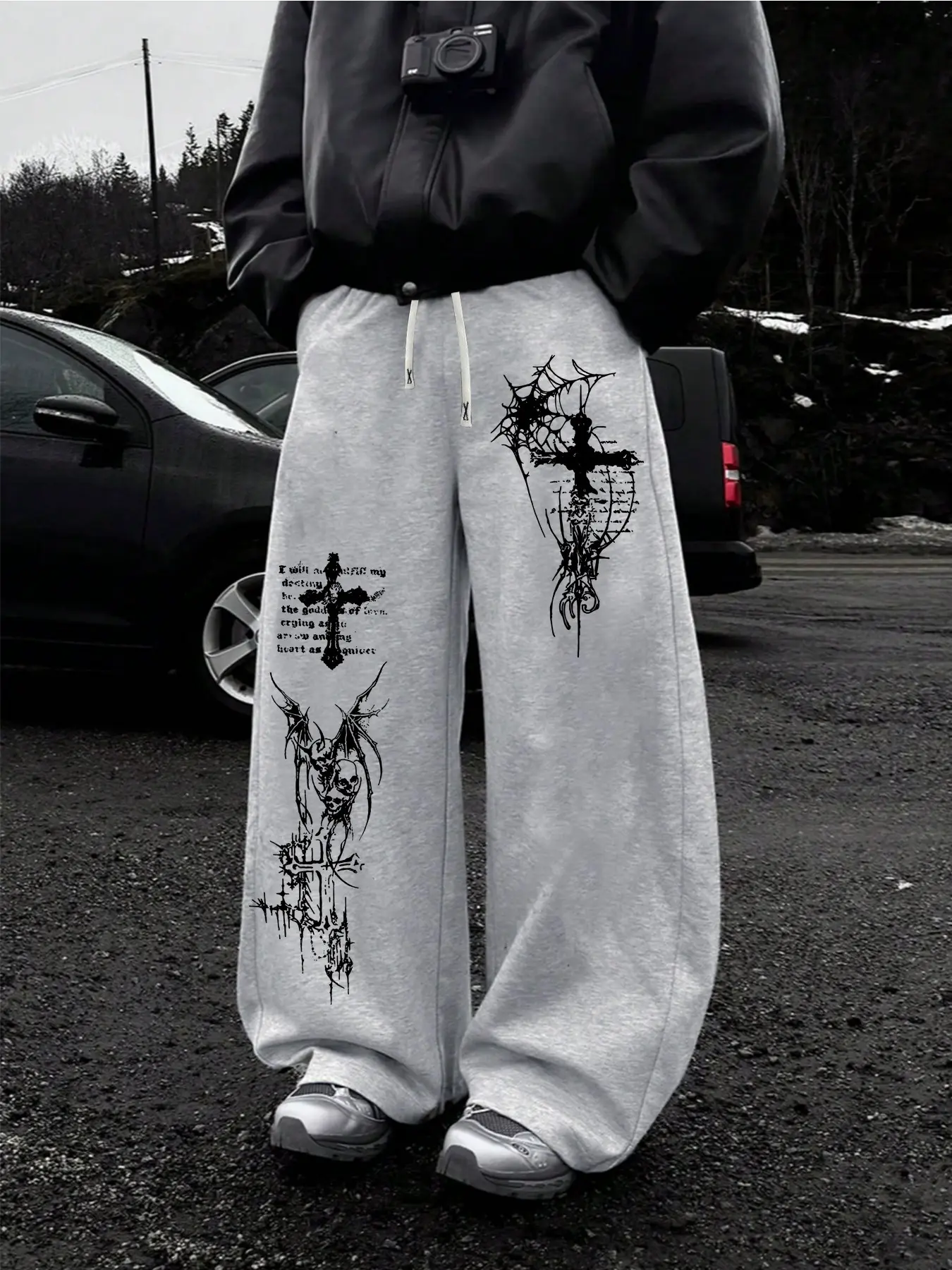 Dark Style Devil Cross Spider Web Print Design Outdoor Fitness Sports Pants, Training Sweatpants, Loose-Fitting Geometric Pattern, Graphic Track Pants, Athleisure Pants, All Seasons Wear