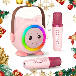 Mini Karaoke Machine Toy for Kids Portable with 2 WirelessMicrophones for 4-12+ Years Old Christmas Birthday Giftsfor Girls Boys Family Gatherings Pink