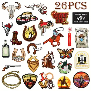 26pcs Vintage Western Embroidered Iron On Patches, Cowboy Sew On Applique Patches for Jackets Backpacks Clothing Jeans Pants Dress Backpack Decorations