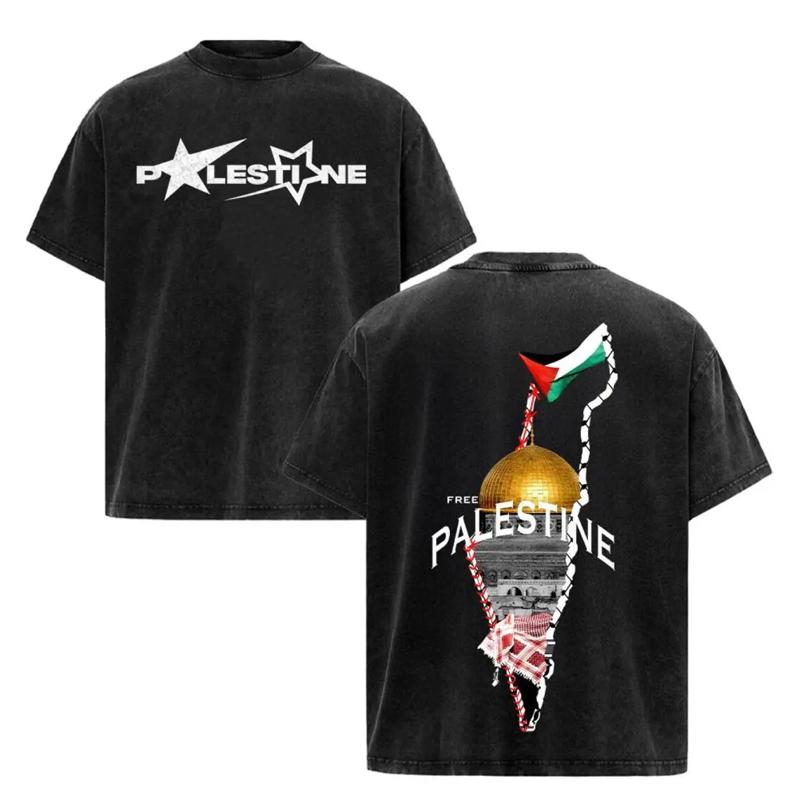 Palestine Freedom Solidarity Washed T-Shirt, Vintage Oversized Double-Sided Graphic Tee