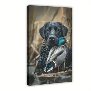 1pc Black Labrador Retriever Dog Wall Art with Duck - Vertical Modern Classic Framed Canvas Painting, Warm Brown & Golden Tones, Hook-and-Loop Hanging for Living Room, Bedroom, Office Decor - Ideal Gift for Dog Lovers, Mother'S Day, Christmas, Housew