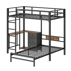 Black Twin Over Twin Loft Bunk Bed (2 Bunks) with RGB LED Light System, Integrated Charging Station, Folding Side Table, USB Port, AC Socket, ETL-Certified Power Supply, Steel & Particleboard Frame, Space-Saving for Bedroom Dorm