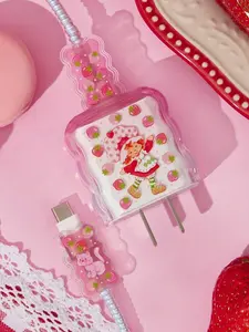 Strawberry Shortcake X SHEIN Strawberry, Flower, Cat Pattern Printed Gradient Charging Head Protective Cover, Compatible With Apple Charging Head(No Data Cable Included)