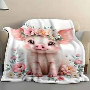 Vintage Retro Floral Pig Print Flannel Blanket - 1pc 280GSM Polyester Flannel, Soft Warm Throw for Bed, Couch, All-Season Whimsical Holiday Gift, Flannel Blankets,summervibes
