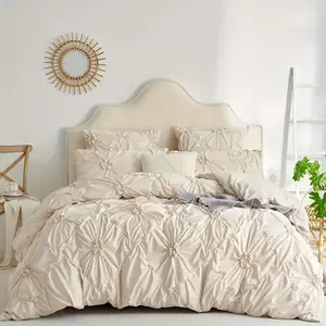 3pcs Bohemian Rhomboid Plaid Stereoscopic Flower Plain Colour Quilt Cover Set(1 Duvet Cover +2 Pillowcase Without Pillow Core), The Four Seasons Bedroom Decoration Hostel Soft Breathable Large Size Quilt Covers Bedspreads tufted