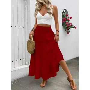Women’s high-waisted long bohemian A-line skirt, casual elastic wide-hem dress, all-season loose woven fabric, women’s clothing GARMENTARY