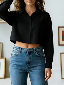 Short Sleeve Shirt, Crop Top, Blouse, Womenswear, Casual Chic Style, Single Button Design, Loose Fit Shoulder Sleeves, Chest Pocket, Perfect for Daily Wear