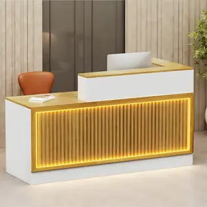 Modern Solid Wood Desk with Light Strip and Storage Cabinet L-Shaped Reception Counter Fire Safety Label Included