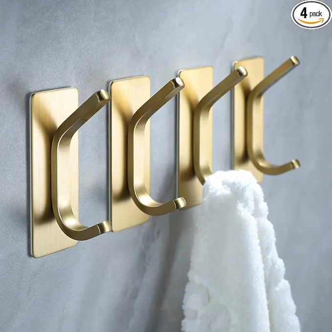 4-Pack Brushed Gold Towel Hooks – Adhesive Wall Hooks for Hanging Coats, Hats, Towels, Robes, and Bags – Stainless Steel Self-Adhesive Hooks for Bathroom, Bedroom, Kitchen, and Entryway – No-Drill Wall Hooks for Renters and Homeowners