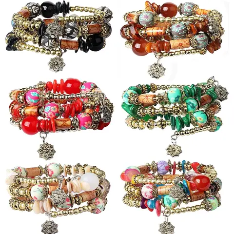FIBO STEEL 6 Sets Multicolor Stackable Bracelets for Women Stretch Multilayered Boho Jewelry Christmas Gift Trendy Fashionable Accessories Adjustable Bangle