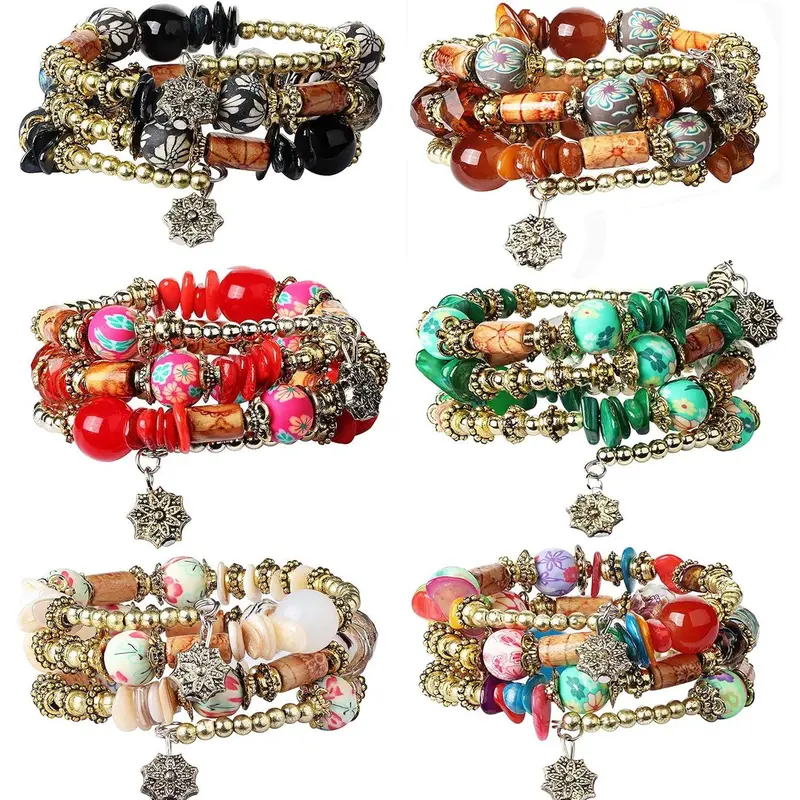 FIBO STEEL 6 Sets Multicolor Stackable Bracelets for Women Stretch Multilayered Boho Jewelry Christmas Gift Trendy Fashionable Accessories Adjustable Bangle