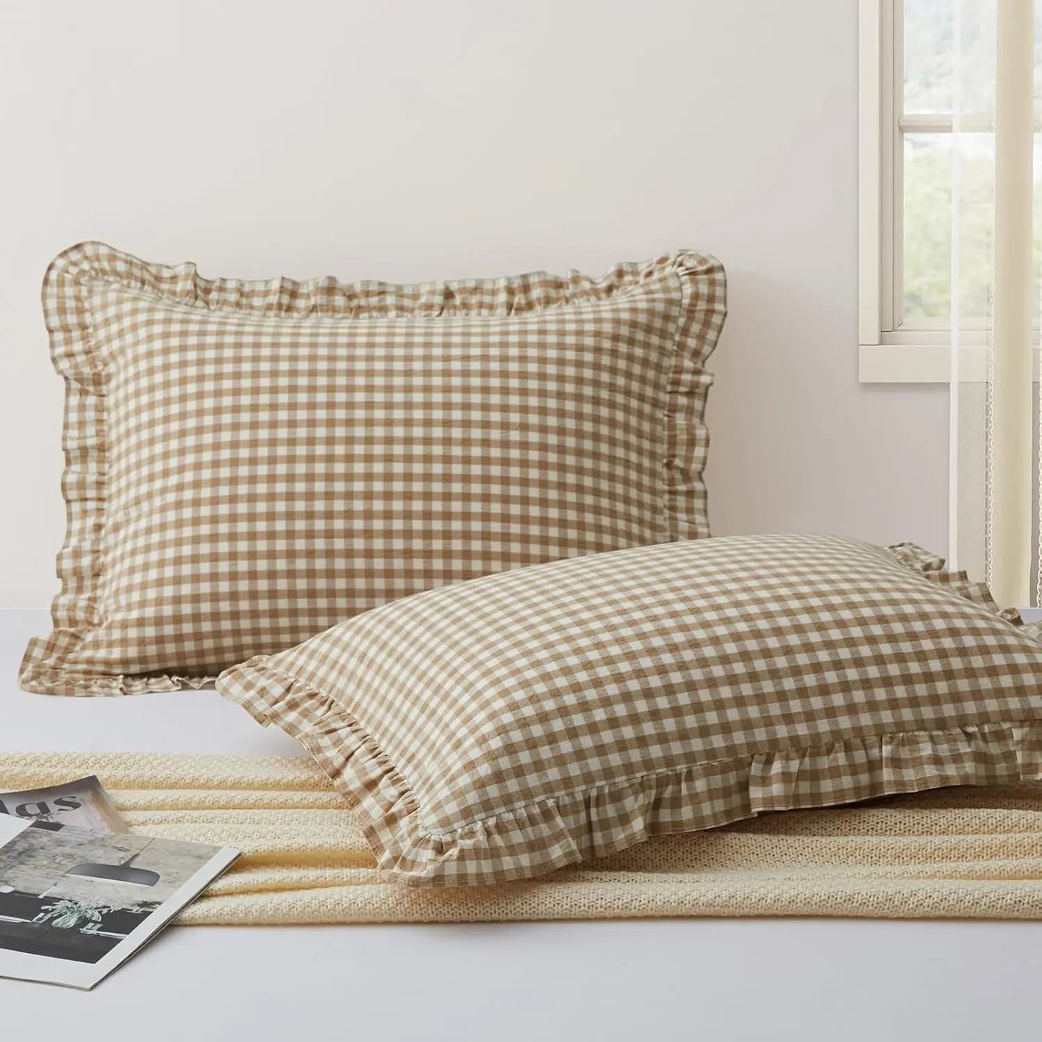 2 count Plaid Ruffle Pillow Case Standard Size,  Gingham Ruffled Euro Sham Pillow Covers 20x26 Inch, Linen Feel Bed Pillow Shams with Envelope Closure for Bed Sofa (Taupe Plaid)