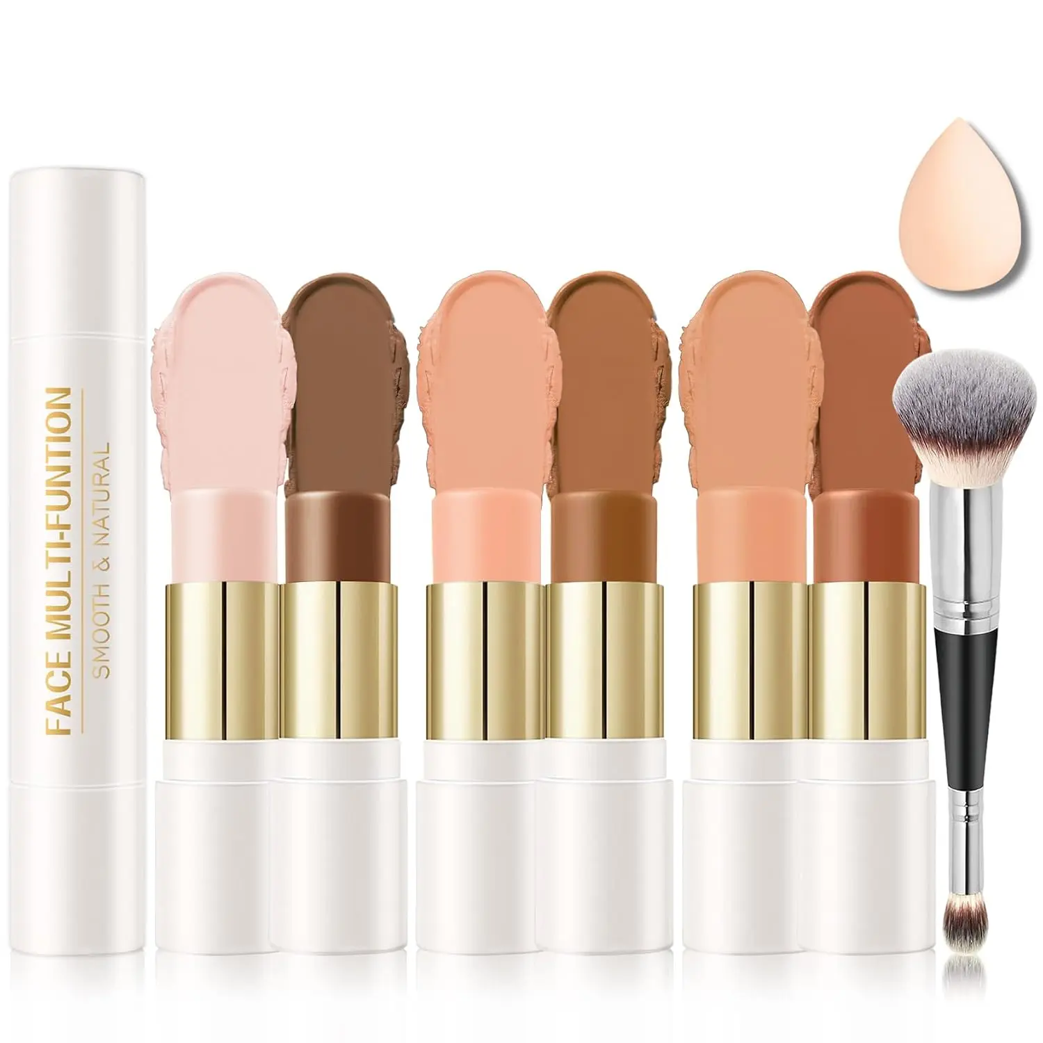Double-ended Cream Contour Stick Makeup Kit, Set C | Cream Highlighter Stick Bronzer and Blush Stick for Sculpt the Cheeks, Matte & Dewy Finish, Face Contour Kit for Beginners