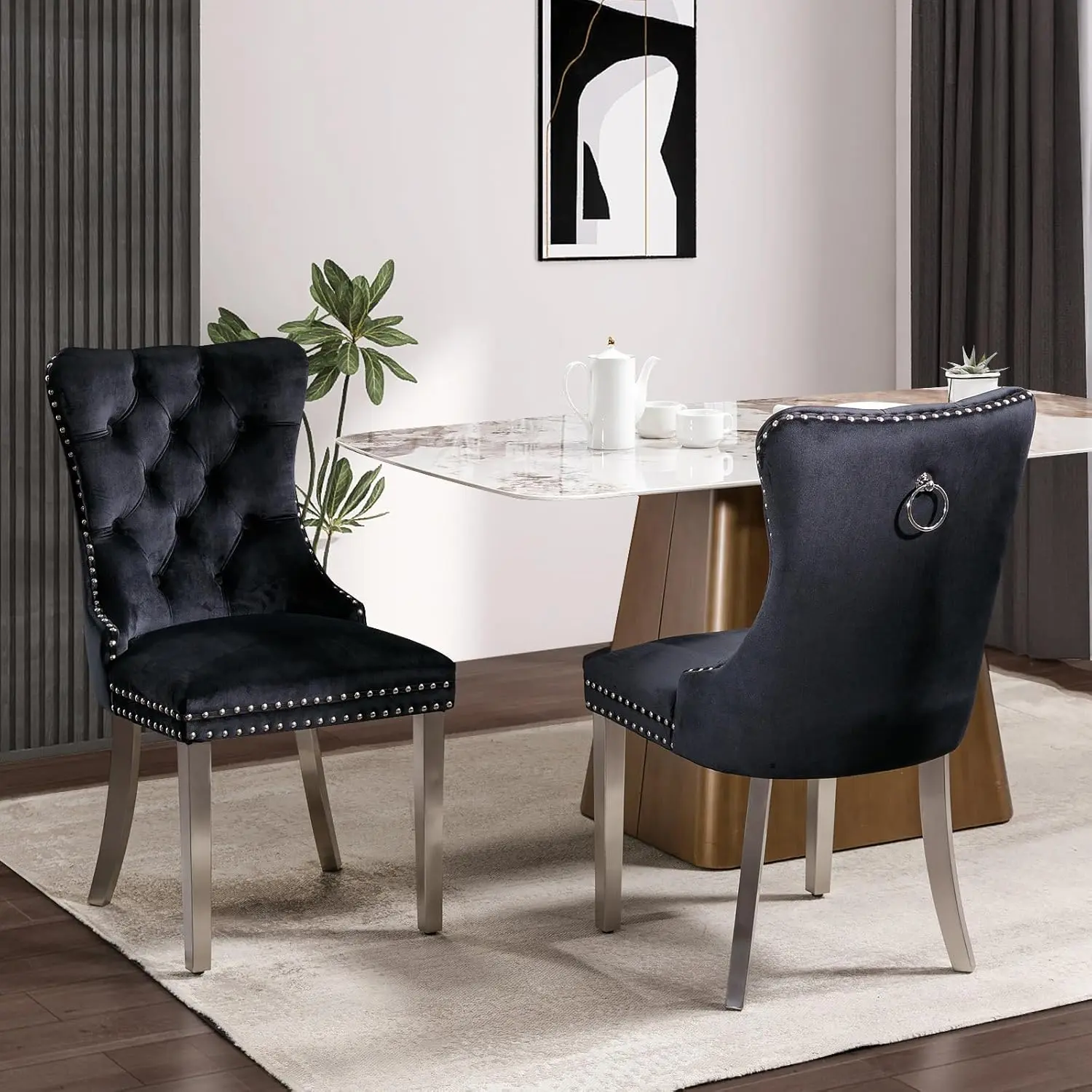 Set of 2 Modern Barrel Velvet Dining Chairs - Upholstered Tufted Living Room Chairs with Nailhead Trim, Stainless Steel Silver-Plated Legs, Modern Barrel Chair