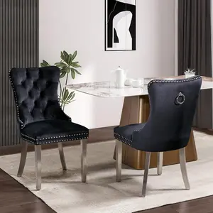 Velvet Dining Chair, Upholstered Tufted Dining Room Chair with Nailhead Trim and Stainless Steel  Silver Plated Leg ,Set of 2