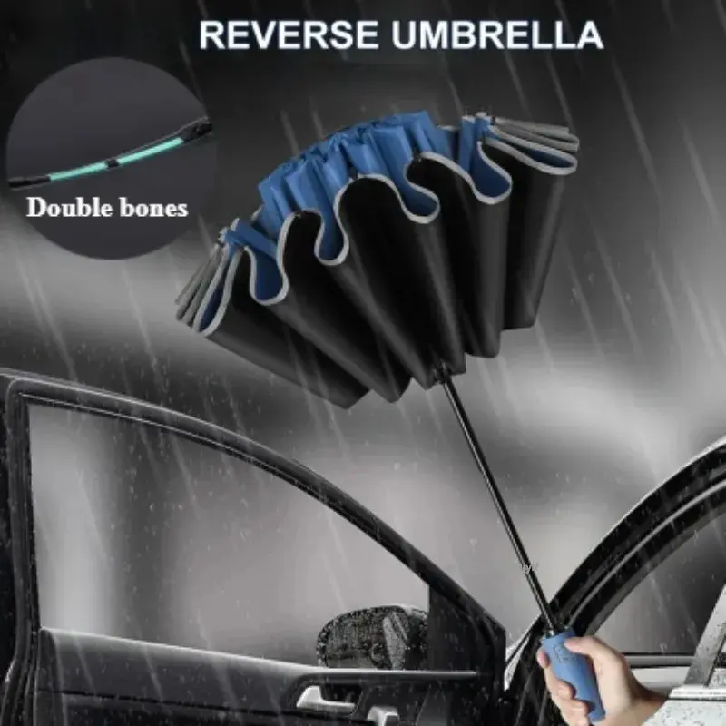 Sun Umbrella Full Manual Reverse 8 Bone Folding Umbrella, Anti-Wind Reflective Striped UV Protection Sunshade Umbrella, Portable Rain Gear, Wind Resistant Umbrella, Windproof Folding Umbrella, Portable Foldable Umbrella