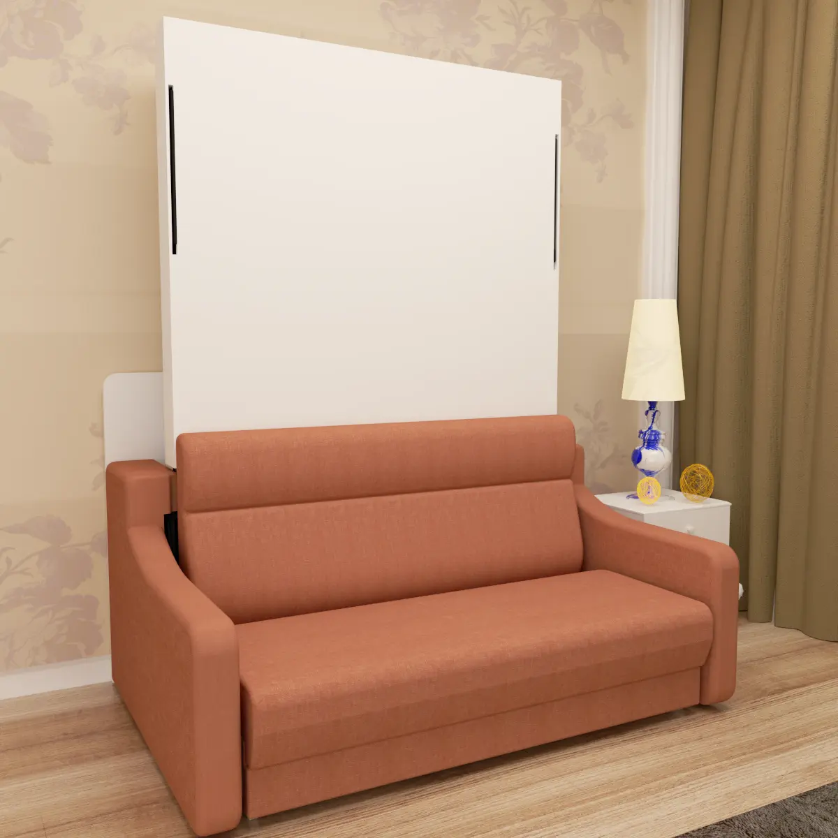 Full size Morden Deisgn vertical Murphy bed with sofa and drawers, white wall bed, space saving hidden bed with new gas pillars