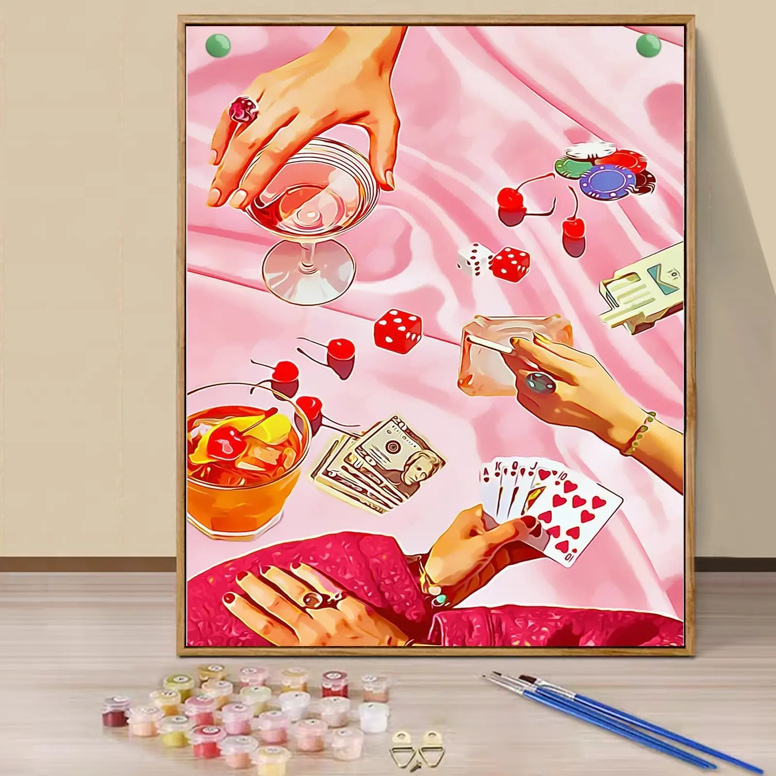 Paint By Numbers Set for Adults Beginners -16x20in/ 40x50cm Color Canvas, Easy DIY Pink Casino Night Poker & Cocktail Acrylic Painting Set, Art Materials, Art Kits - Home Decor, Creative Gift for Birthday, Mother's Day and Christmas, Without Frame