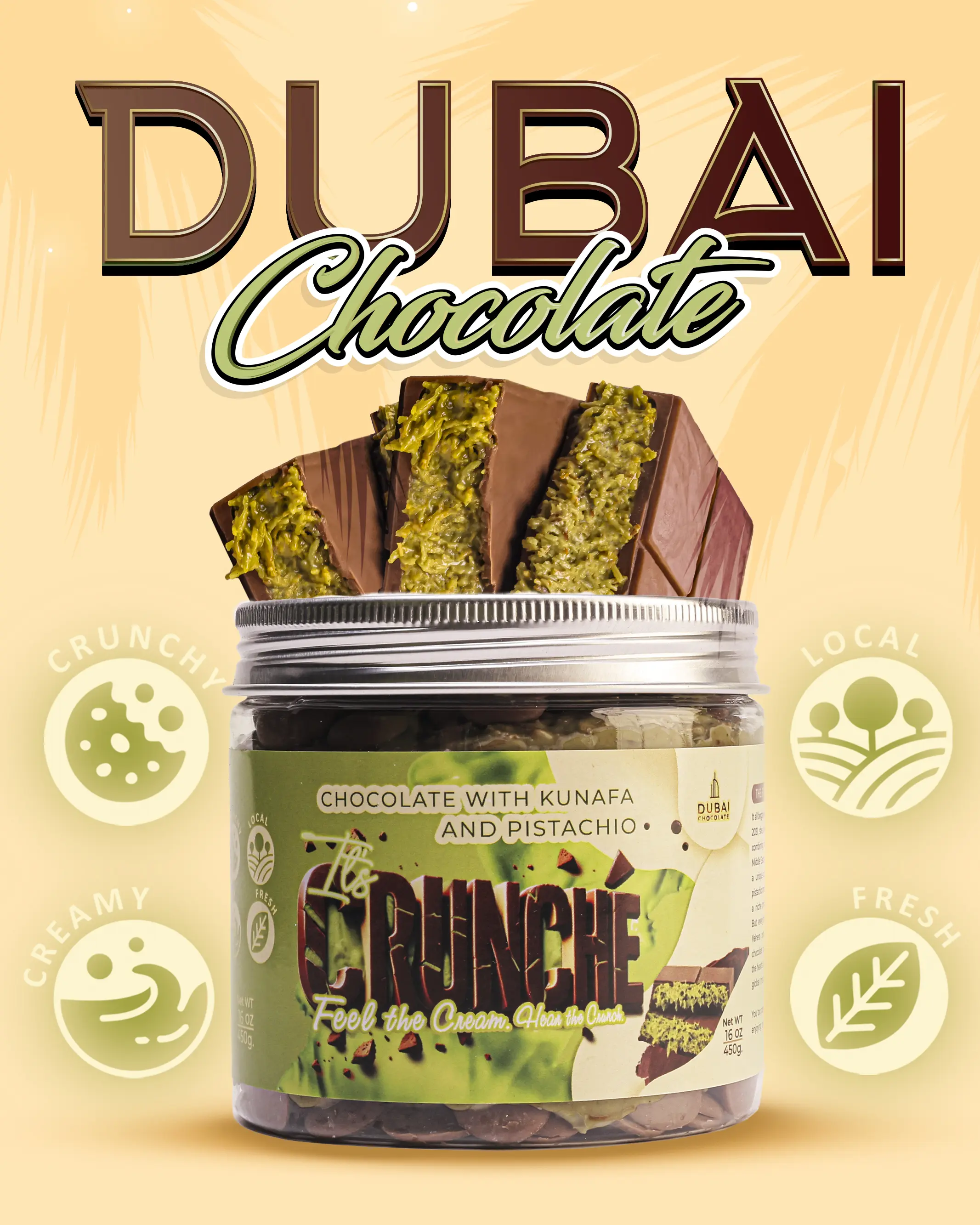 I'ts Crunché Dubai Chocolate Bar Jar, Kunafa Pistachio Viral, Creamy, Crunchy Large 16oz Snack Dessert Bonbon