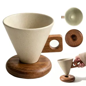 Stylish 250ml Cone-Shaped Ceramic Coffee Mug - with Wooden Handle, Wood Base, Unique Inverted Aesthetic for Home, Office Use and Gifting