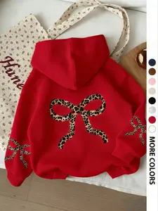 Women's Vintage Leopard Bow Design Hoodie, Casual Long Sleeve Sweatshirt, Fall & Winter Clothing, Daily Wear