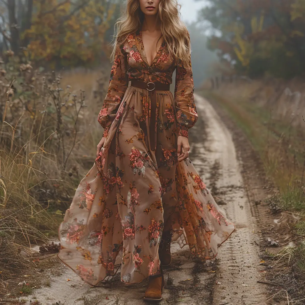 Cross-border retro V-neck floral women's long-sleeved long skirt rural pastoral style printed large swing dress