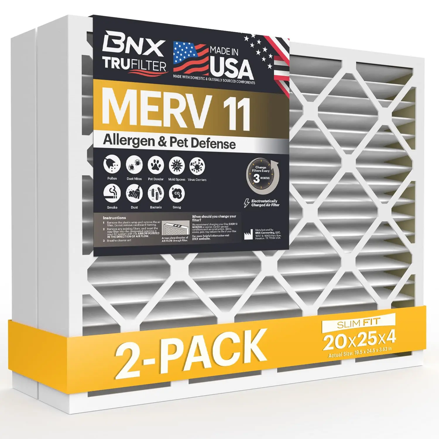 BNX TruFilter 20x25x4 Rectangular MERV 11 Electrostatic Pleated HVAC AC Furnace Air Filter (2-Pack) - MADE IN USA - Home Allergen Defense for Allergy Sufferers, Dust Capture