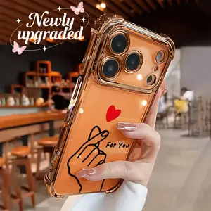 Electroplated Transparent TPU Airbag Shockproof Cellphone Protective Case, Heart-Waving Gesture Design, Stylish Soft Cover for iPhone 11/12/13/14/15/16/17 Pro Max, Mobile Phone Accessories