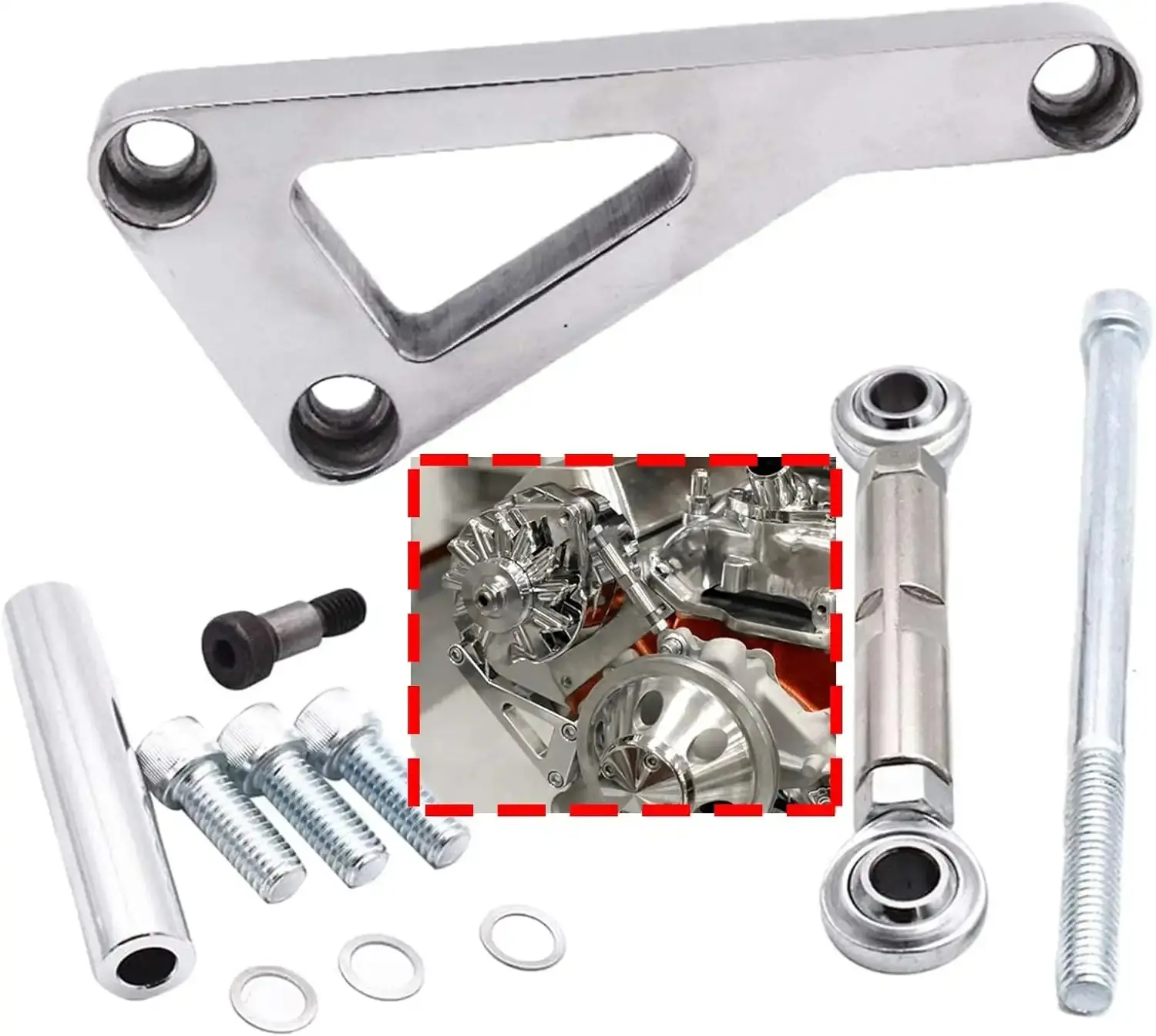 Polished Aluminum Upper/Lower Alternator Bracket Kit for Chevy SBC 350 Long Water Pump (LWP)