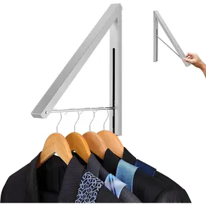 Single Foldable Clothing Rack, Wall-Mounted Retractable Clothes Hanger for Laundry Dryer Room,  Drying Rod, Small Collapsible Folding Garment Racks, Dorm Accessories (Chrome)
