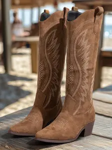 Embroidered Western Cowboy Boots Classic V-Shape Boot Mouth Vintage Wave Embroidery Pattern Chunky Heel Height Increase Slim Fit Embellished Cowgirl Boots