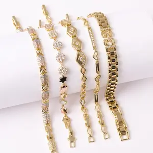 14K Gold Plated 5-Piece Bracelet Set 7 Adjustable Iced Clover Cuban Link Styles Elegant Jewelry Collection