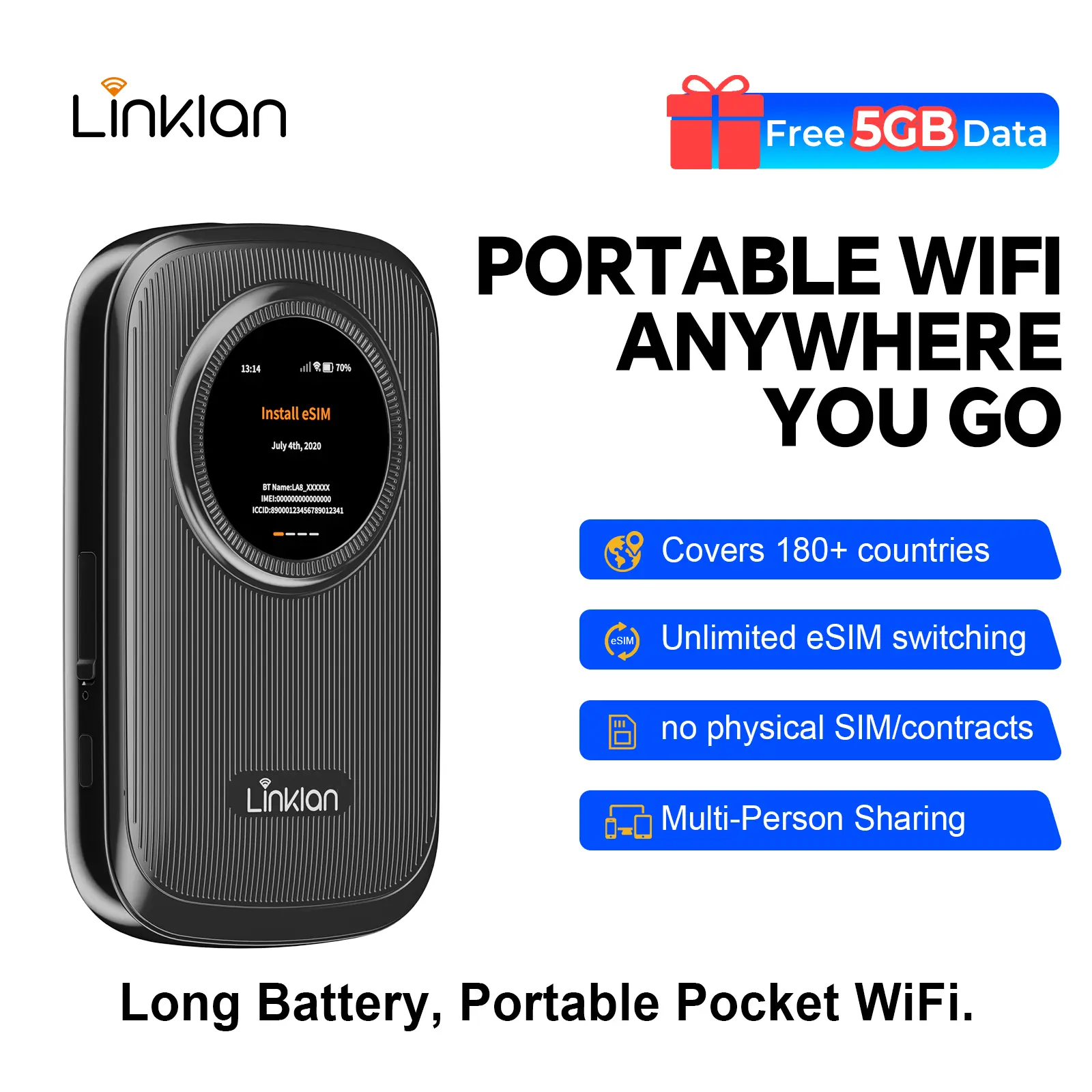 LINKLAN 2026 Upgraded Portable Wi-Fi Hotspot, supports any eSIM plan, 300 Mbps, dual-band, pay-as-you-go, no SIM card or contract required, supports up to 16 devices, ideal for travel, cars, RVs, and outdoor activities [Free 5GB US Data]