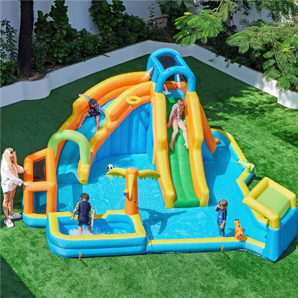 Yaheetech Cooling 11-in-1 Outdoor Blow Up Water Slide w/Storage Bag & 950W Blower, For Kids Aged 3 To 10, Inflatable Water Slide w/ 2 Long Slides & Large Climbing Wall & Small Deeper Pool & Awning