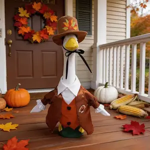 Thanksgiving Summer Porch Goose Costume Set, Festive 23-Inch Cement Goose Decor, Gentleman Hat and Suit, Outdoor Garden Decoration Ornaments